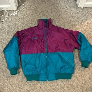 Vtg Columbia green fushia Colorblock puffer quilted reversible jacket sz L